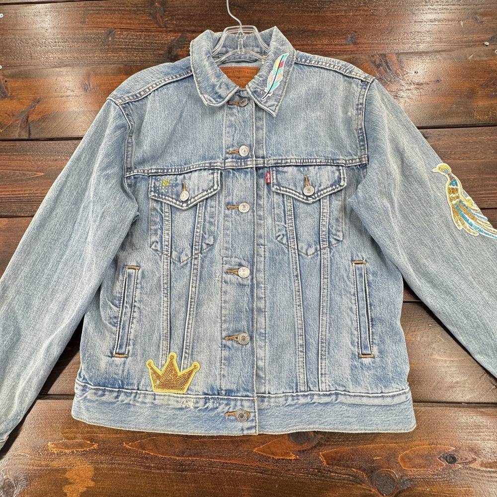 Levi's Premium Custom Embroidered Sequined Patch Trucker Jacket Women's S/M - Picture 8 of 13